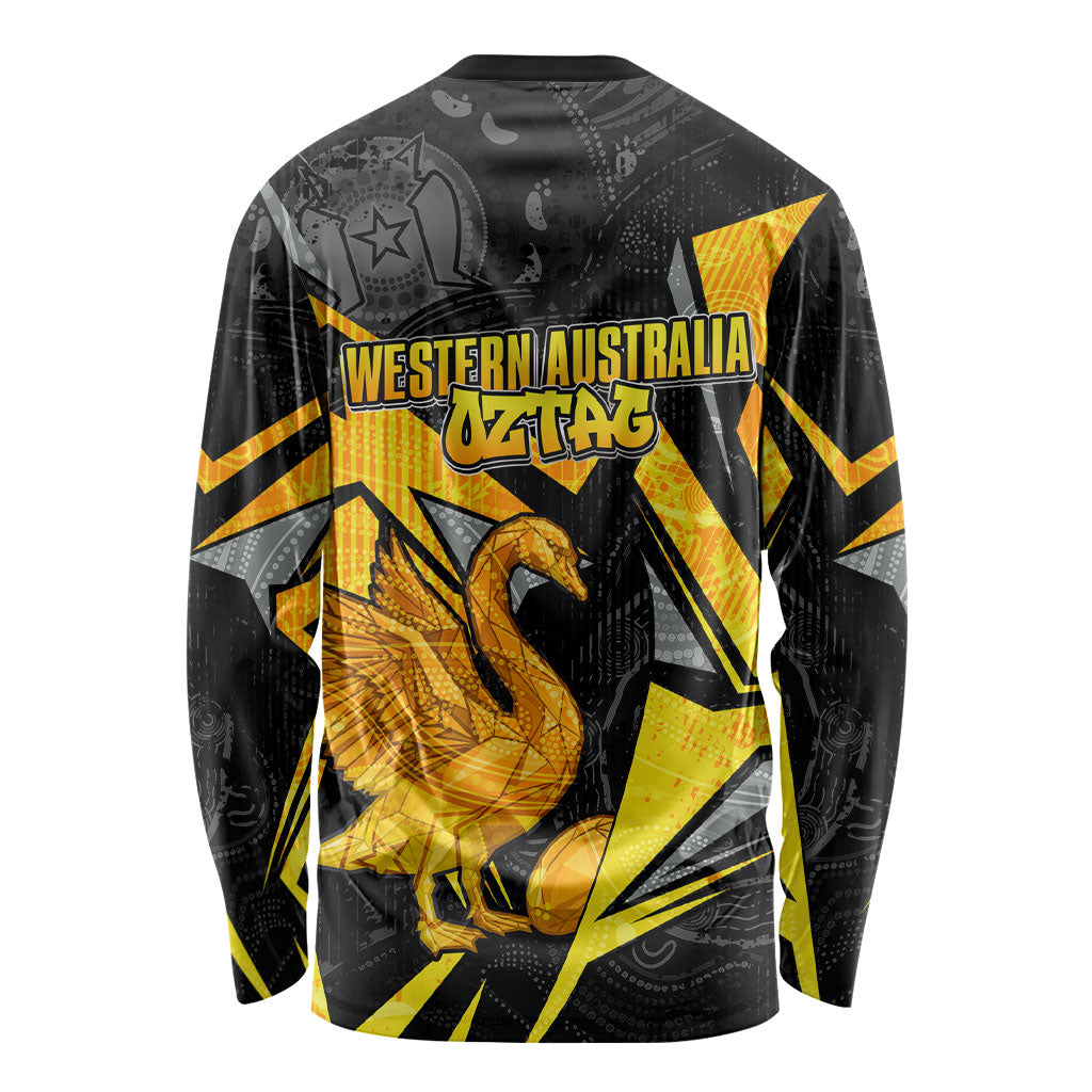 Personalised Western Australia Oztag Swan Long Sleeve Shirt Black Gold Geometric Swan Aboriginal