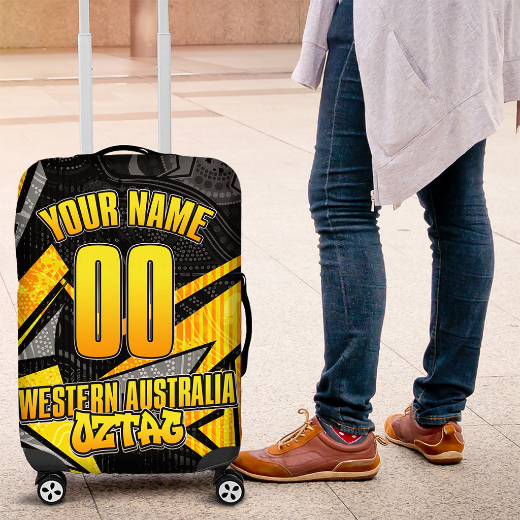 Personalised Western Australia Oztag Swan Luggage Cover Black Gold Geometric Swan Aboriginal