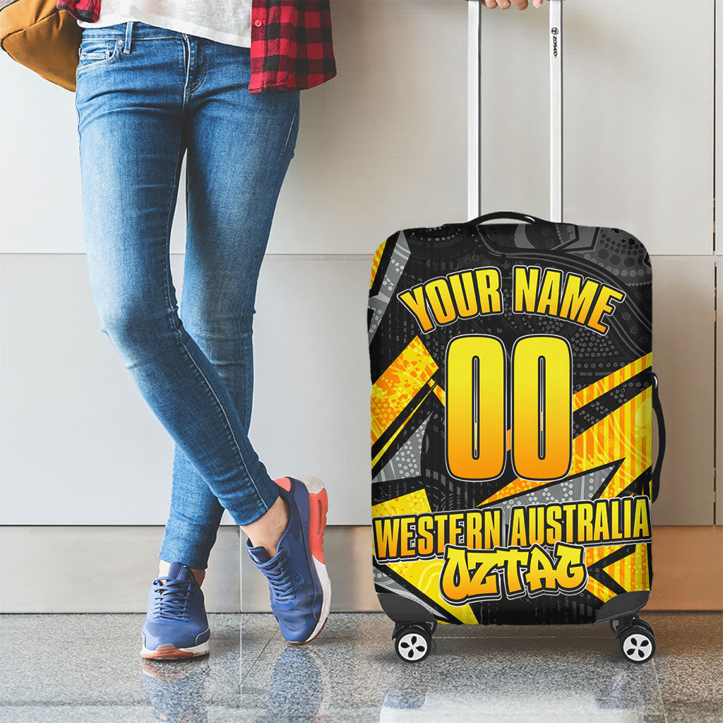 Personalised Western Australia Oztag Swan Luggage Cover Black Gold Geometric Swan Aboriginal