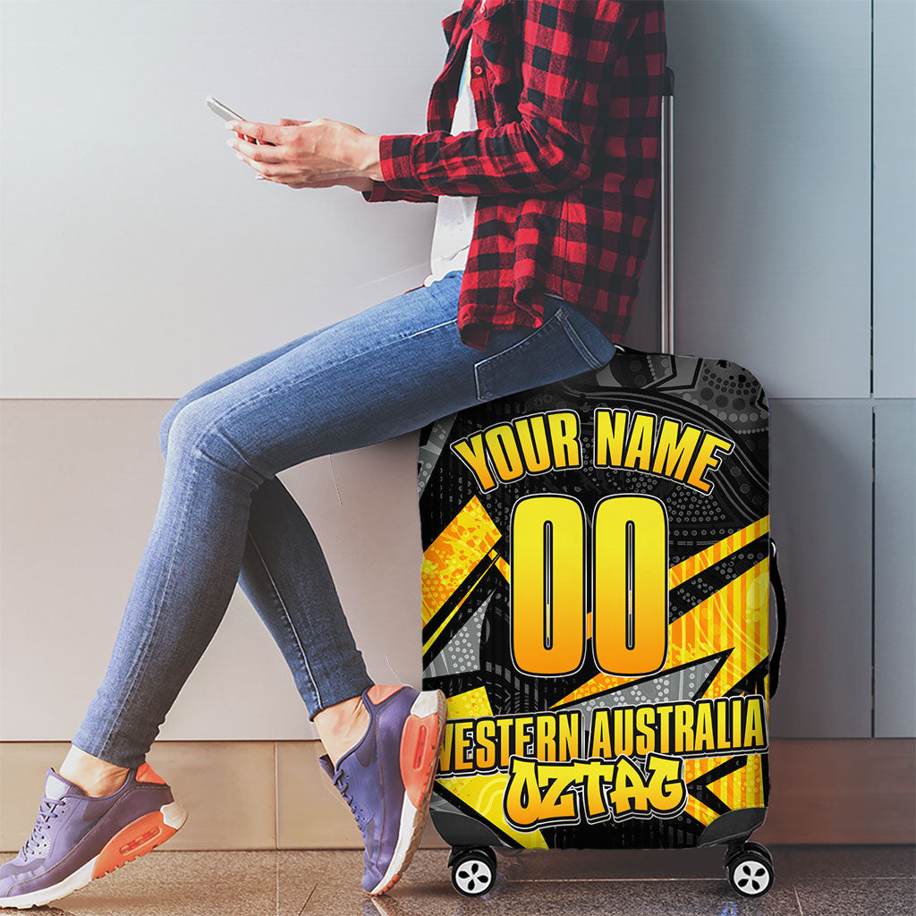 Personalised Western Australia Oztag Swan Luggage Cover Black Gold Geometric Swan Aboriginal
