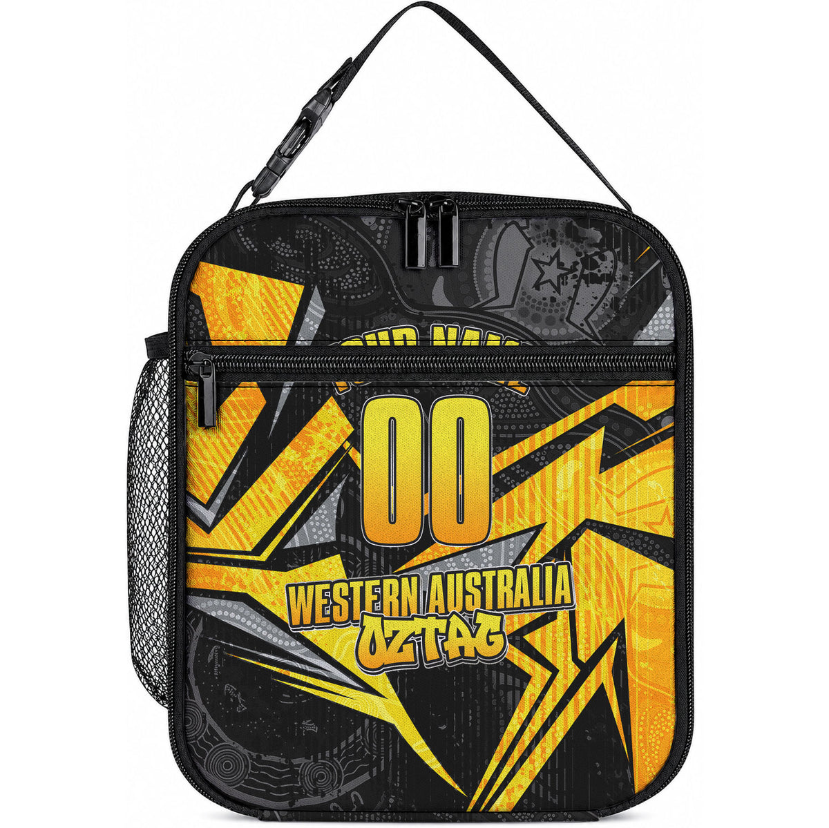Personalised Western Australia Oztag Swan Lunch Bag Black Gold Geometric Swan Aboriginal
