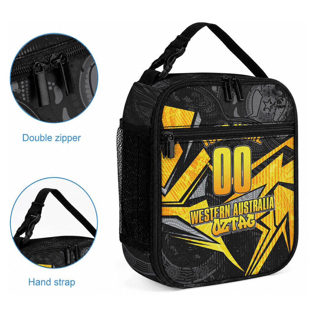 Personalised Western Australia Oztag Swan Lunch Bag Black Gold Geometric Swan Aboriginal