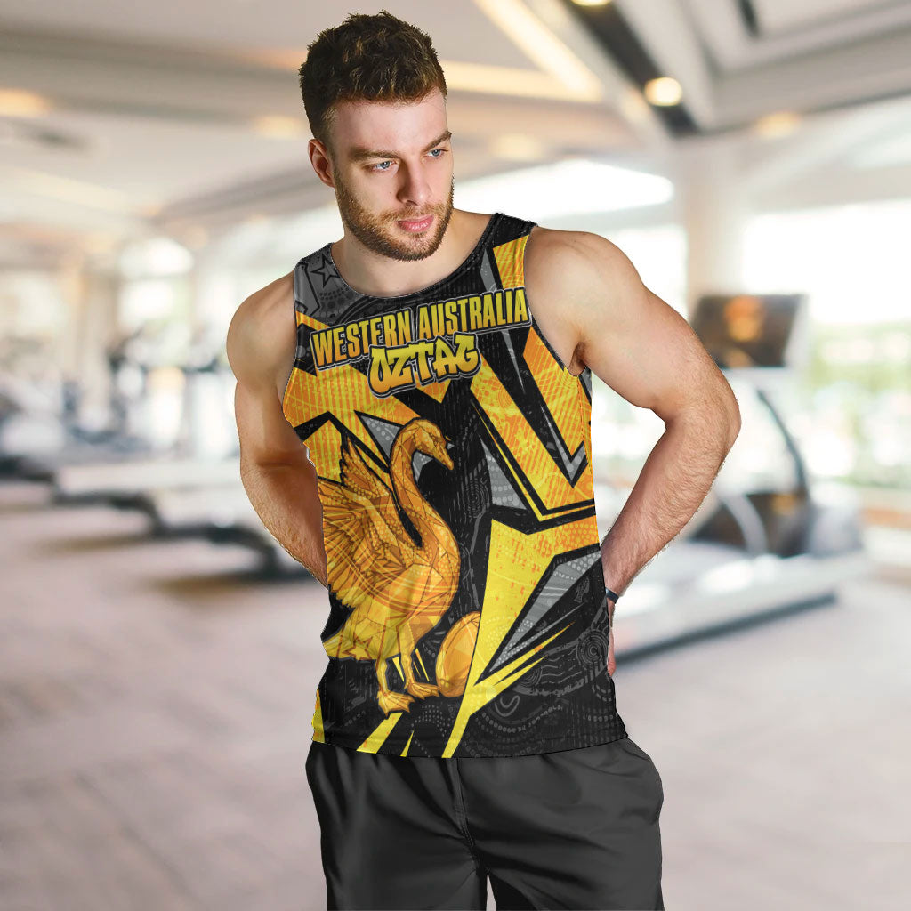 Personalised Western Australia Oztag Swan Men Tank Top Black Gold Geometric Swan Aboriginal