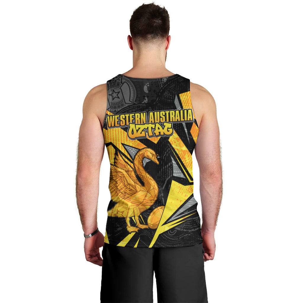 Personalised Western Australia Oztag Swan Men Tank Top Black Gold Geometric Swan Aboriginal