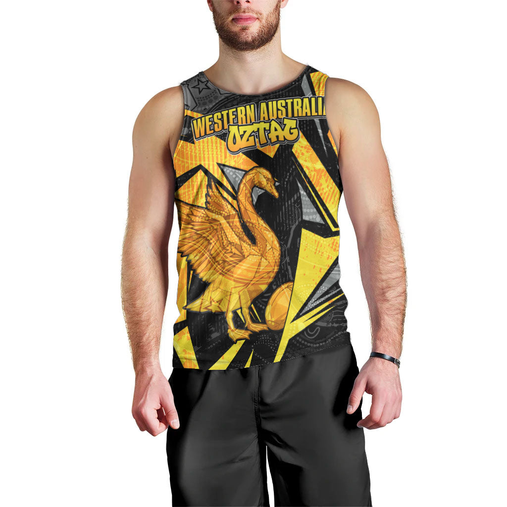 Personalised Western Australia Oztag Swan Men Tank Top Black Gold Geometric Swan Aboriginal