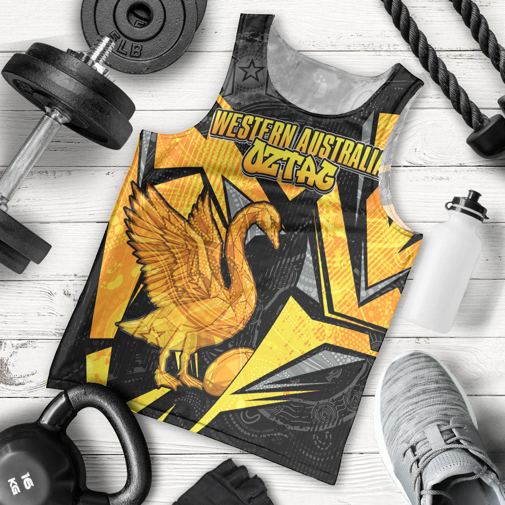 Personalised Western Australia Oztag Swan Men Tank Top Black Gold Geometric Swan Aboriginal