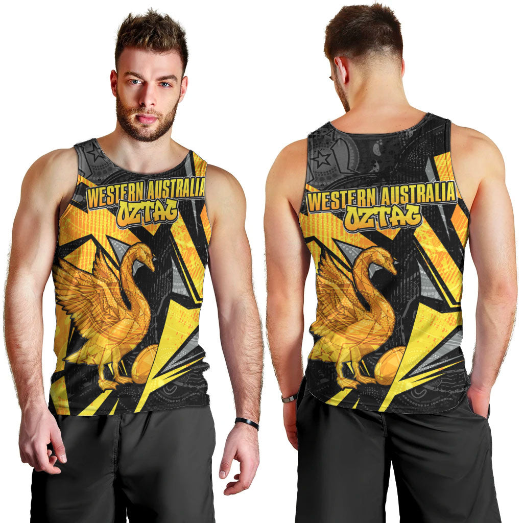 Personalised Western Australia Oztag Swan Men Tank Top Black Gold Geometric Swan Aboriginal