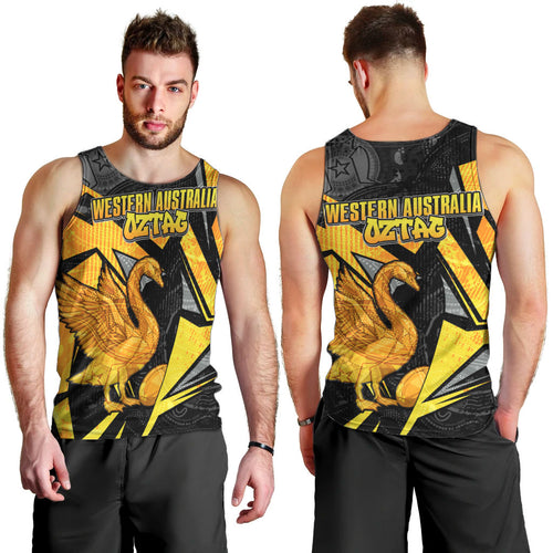 Personalised Western Australia Oztag Swan Men Tank Top Black Gold Geometric Swan Aboriginal