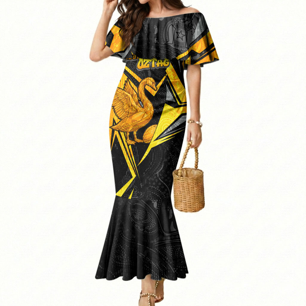 Personalised Western Australia Oztag Swan Mermaid Dress Black Gold Geometric Swan Aboriginal