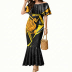 Personalised Western Australia Oztag Swan Mermaid Dress Black Gold Geometric Swan Aboriginal