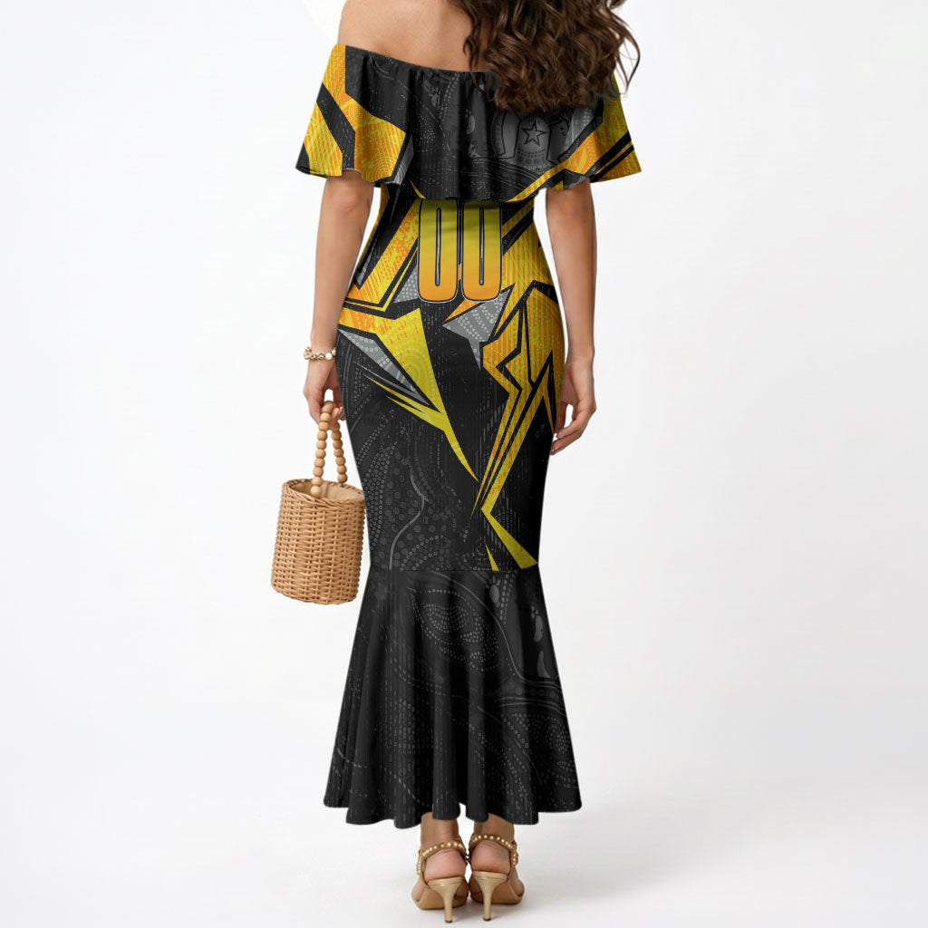 Personalised Western Australia Oztag Swan Mermaid Dress Black Gold Geometric Swan Aboriginal