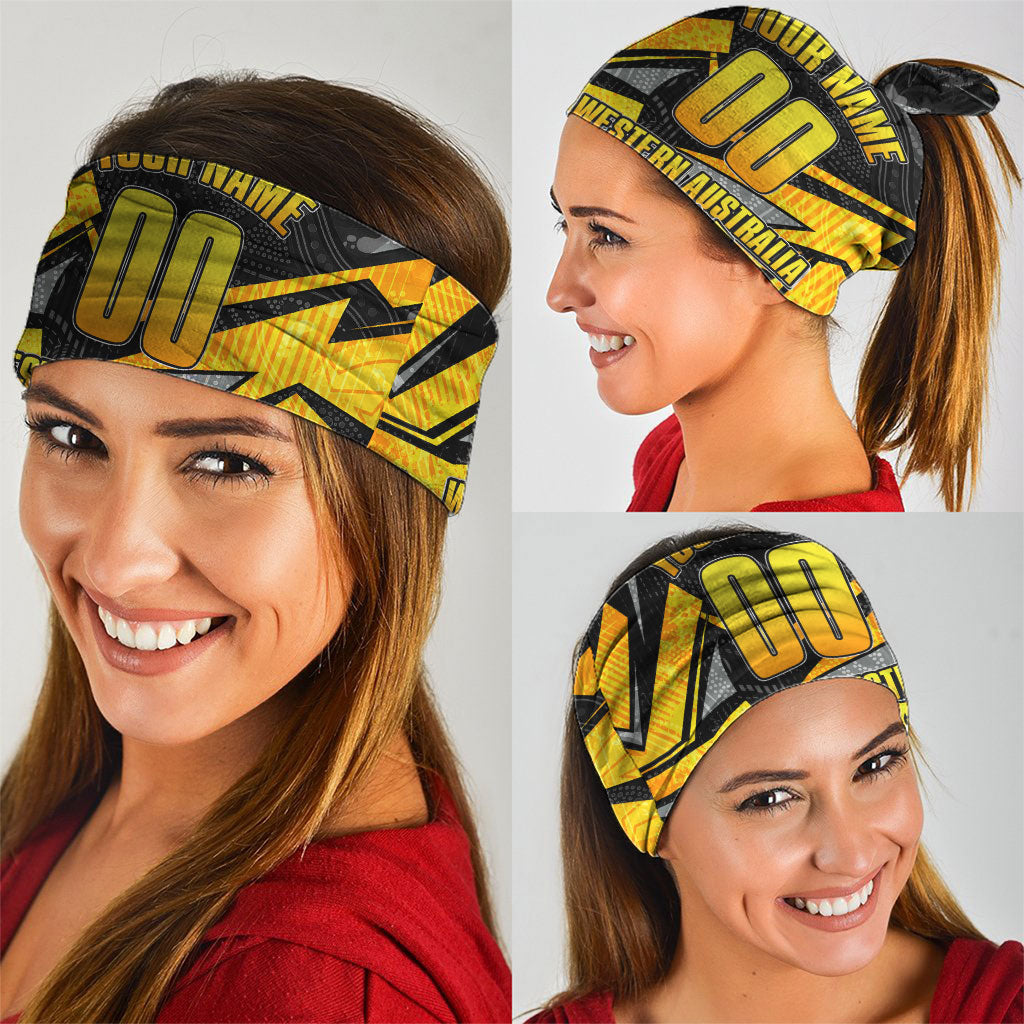 Personalised Western Australia Oztag Swan Neck Gaiter Black Gold Geometric Swan Aboriginal