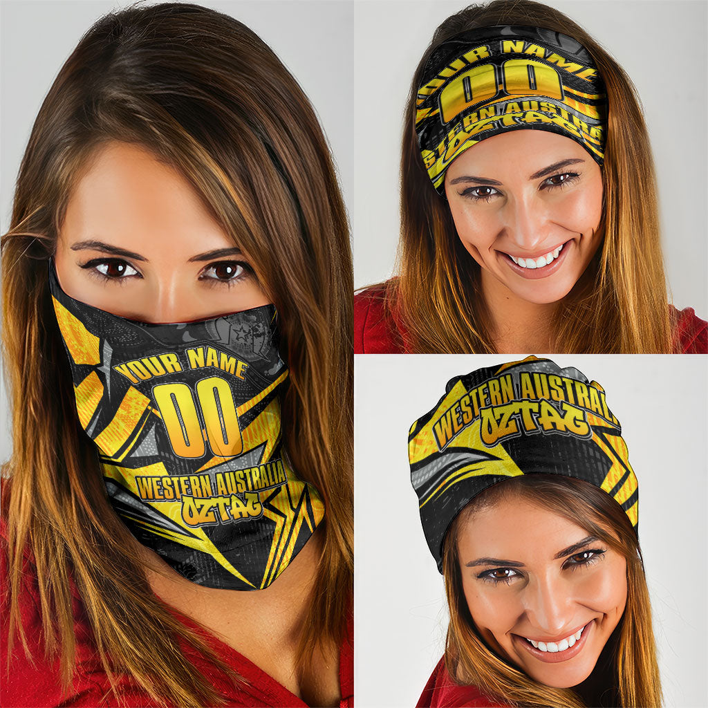 Personalised Western Australia Oztag Swan Neck Gaiter Black Gold Geometric Swan Aboriginal