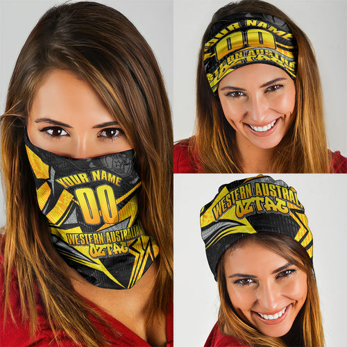Personalised Western Australia Oztag Swan Neck Gaiter Black Gold Geometric Swan Aboriginal