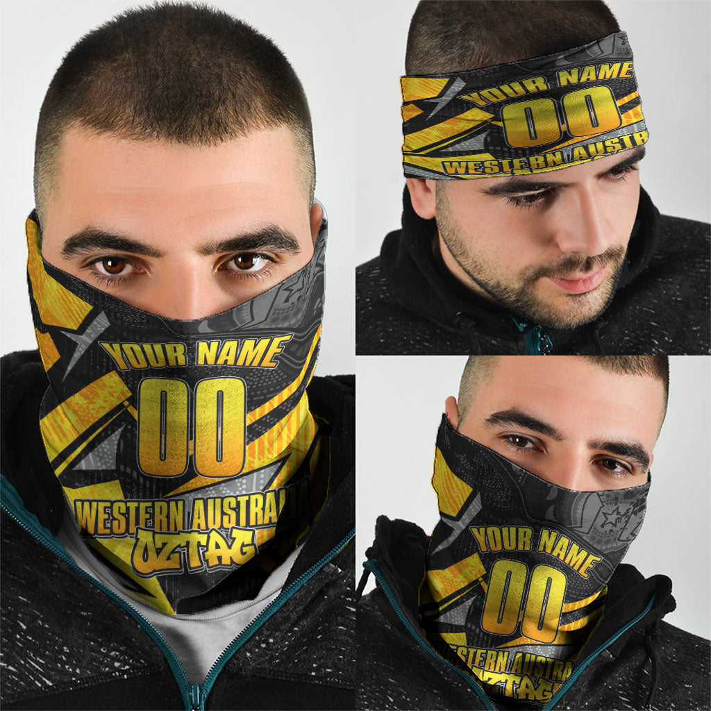 Personalised Western Australia Oztag Swan Neck Gaiter Black Gold Geometric Swan Aboriginal