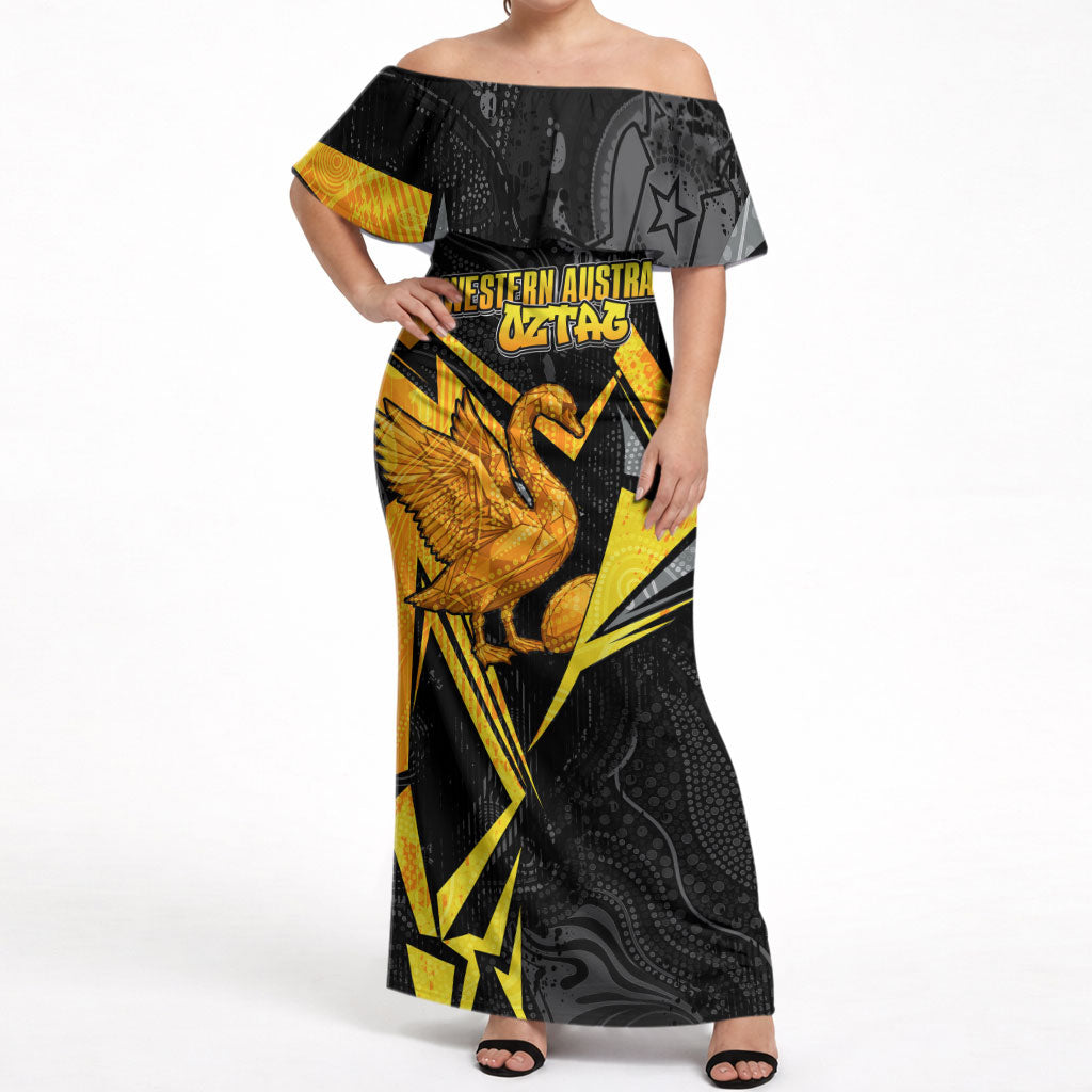 Personalised Western Australia Oztag Swan Off Shoulder Maxi Dress Black Gold Geometric Swan Aboriginal