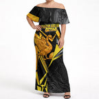 Personalised Western Australia Oztag Swan Off Shoulder Maxi Dress Black Gold Geometric Swan Aboriginal