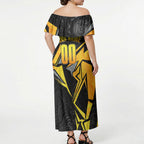 Personalised Western Australia Oztag Swan Off Shoulder Maxi Dress Black Gold Geometric Swan Aboriginal