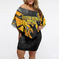 Personalised Western Australia Oztag Swan Off Shoulder Short Dress Black Gold Geometric Swan Aboriginal