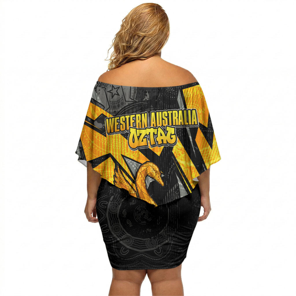 Personalised Western Australia Oztag Swan Off Shoulder Short Dress Black Gold Geometric Swan Aboriginal