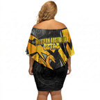 Personalised Western Australia Oztag Swan Off Shoulder Short Dress Black Gold Geometric Swan Aboriginal