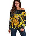 Personalised Western Australia Oztag Swan Off Shoulder Sweater Black Gold Geometric Swan Aboriginal