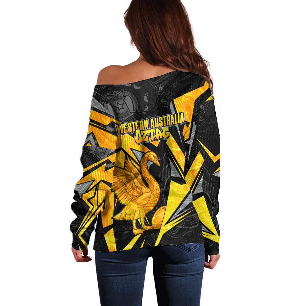 Personalised Western Australia Oztag Swan Off Shoulder Sweater Black Gold Geometric Swan Aboriginal