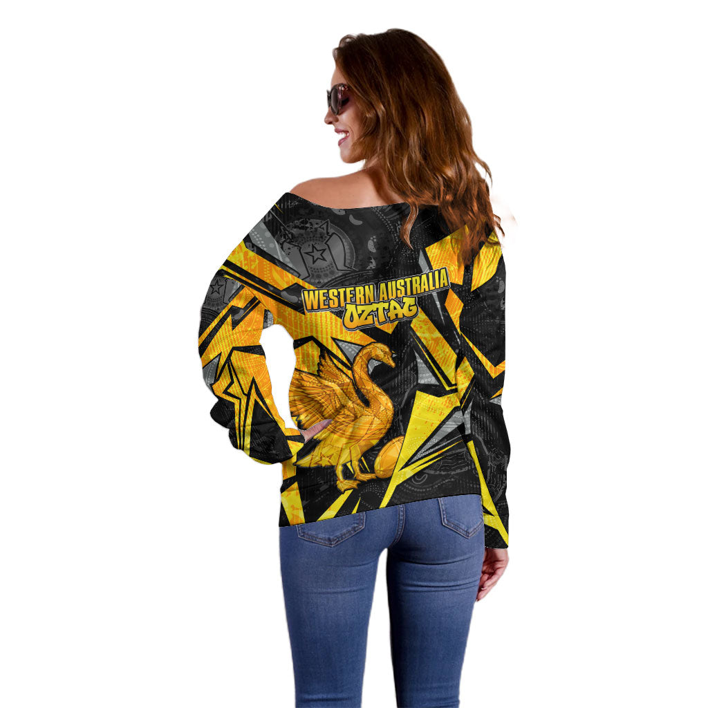 Personalised Western Australia Oztag Swan Off Shoulder Sweater Black Gold Geometric Swan Aboriginal