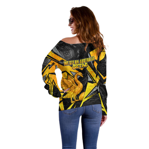 Personalised Western Australia Oztag Swan Off Shoulder Sweater Black Gold Geometric Swan Aboriginal