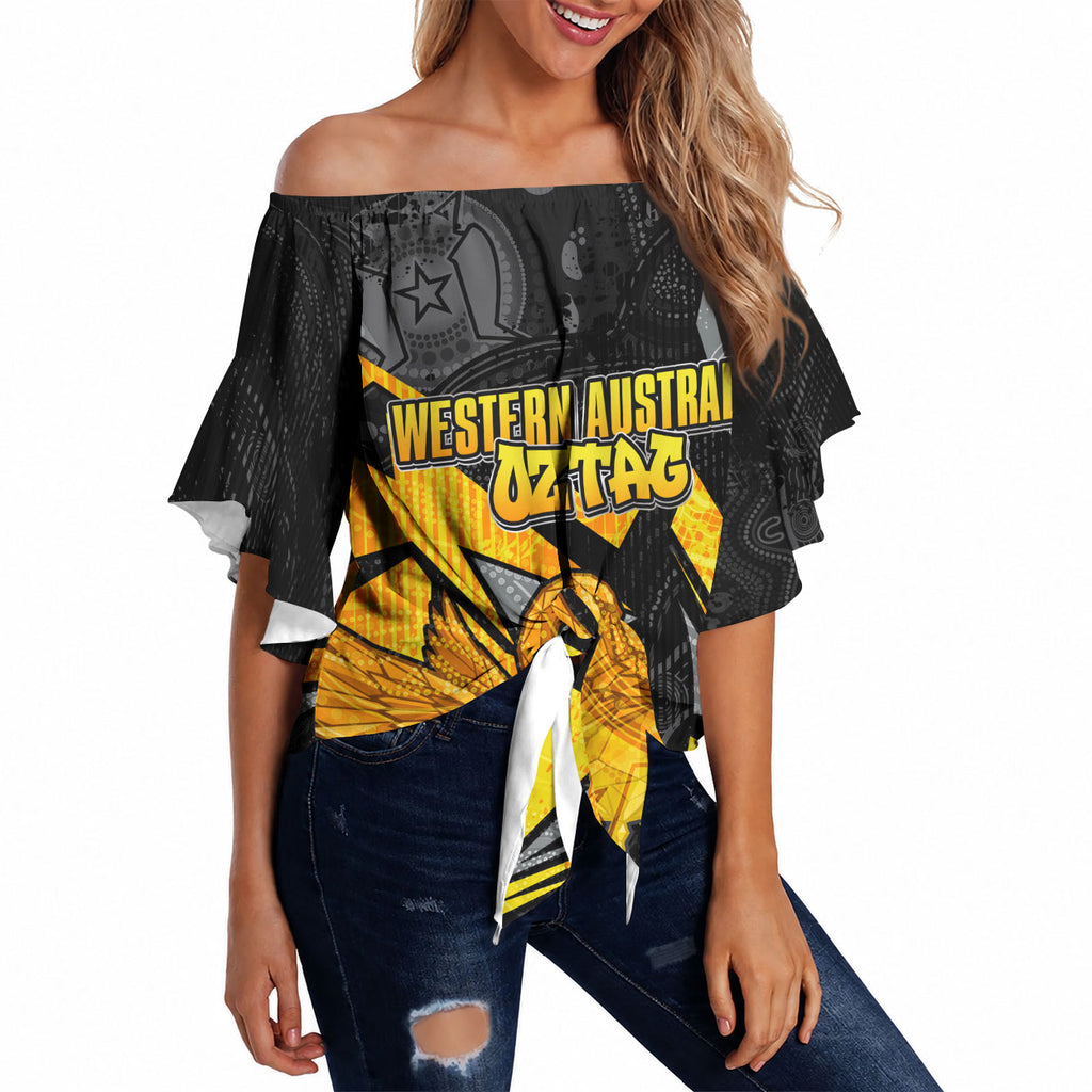 Personalised Western Australia Oztag Swan Off Shoulder Wrap Waist Top Black Gold Geometric Swan Aboriginal