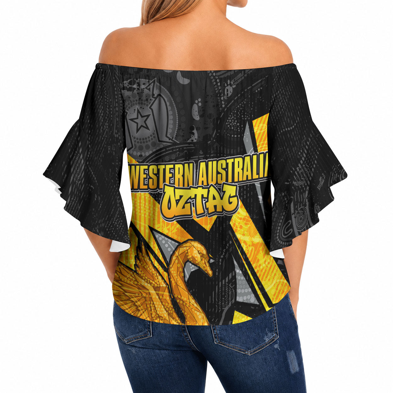Personalised Western Australia Oztag Swan Off Shoulder Wrap Waist Top Black Gold Geometric Swan Aboriginal