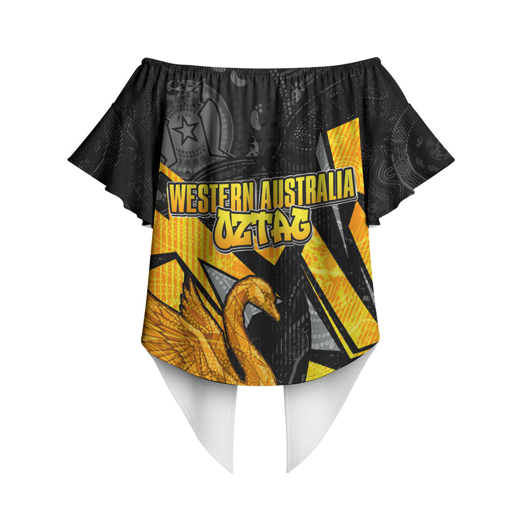 Personalised Western Australia Oztag Swan Off Shoulder Wrap Waist Top Black Gold Geometric Swan Aboriginal