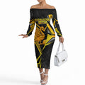 Personalised Western Australia Oztag Swan Off The Shoulder Long Sleeve Dress Black Gold Geometric Swan Aboriginal