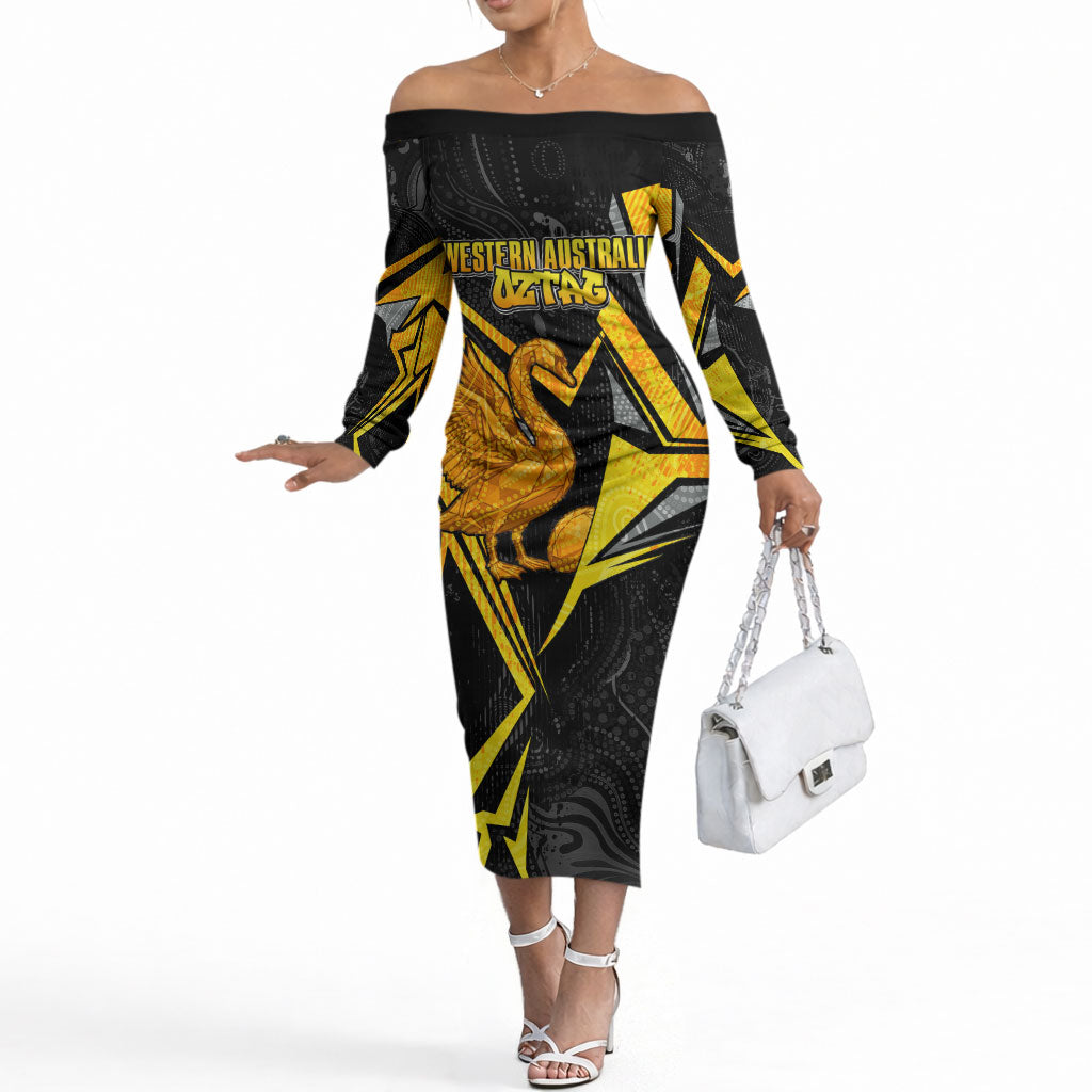 Personalised Western Australia Oztag Swan Off The Shoulder Long Sleeve Dress Black Gold Geometric Swan Aboriginal