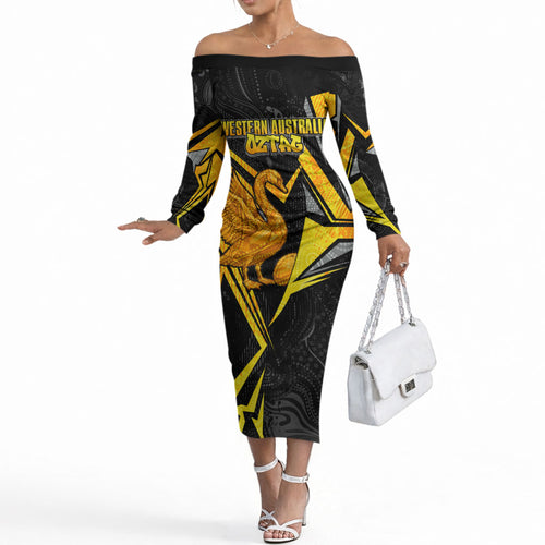 Personalised Western Australia Oztag Swan Off The Shoulder Long Sleeve Dress Black Gold Geometric Swan Aboriginal