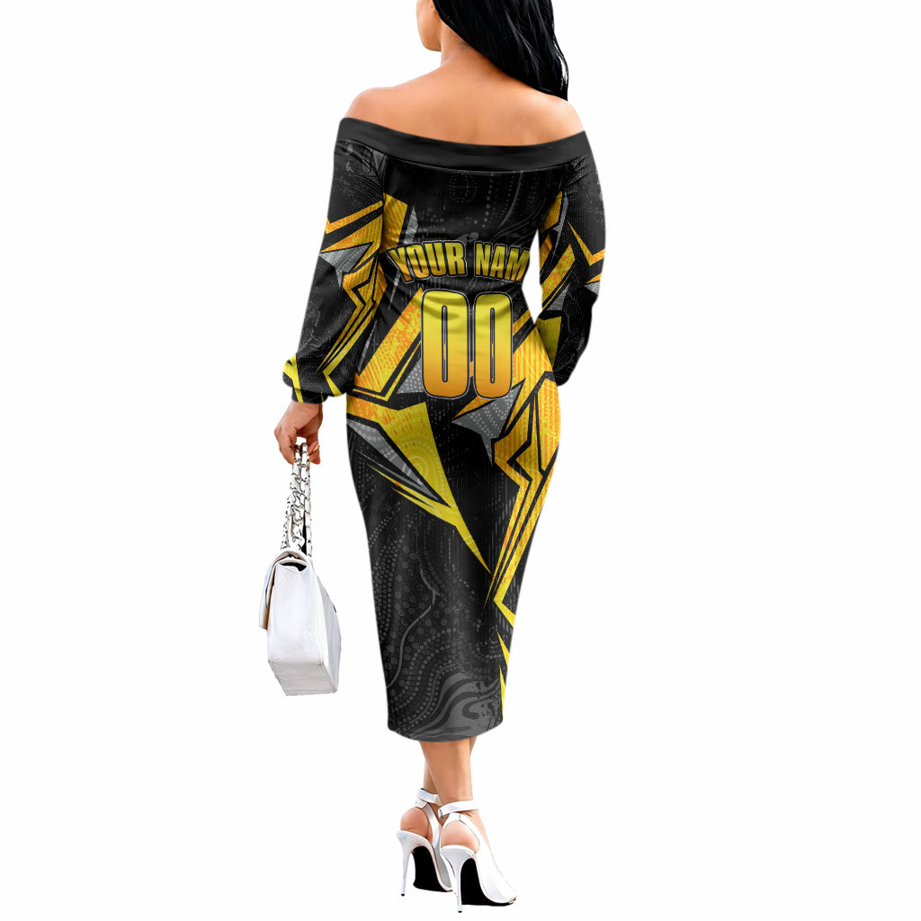 Personalised Western Australia Oztag Swan Off The Shoulder Long Sleeve Dress Black Gold Geometric Swan Aboriginal