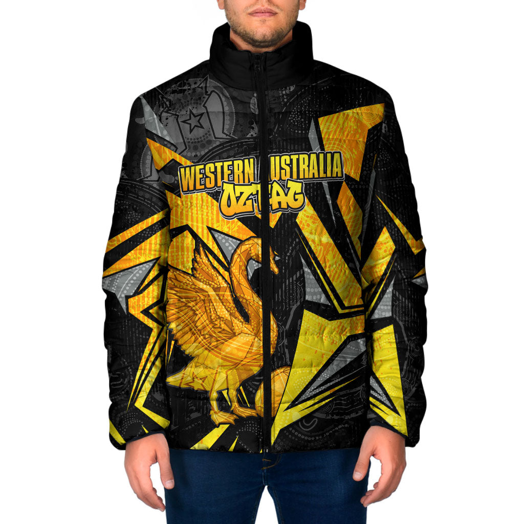 Personalised Western Australia Oztag Swan Padded Jacket Black Gold Geometric Swan Aboriginal