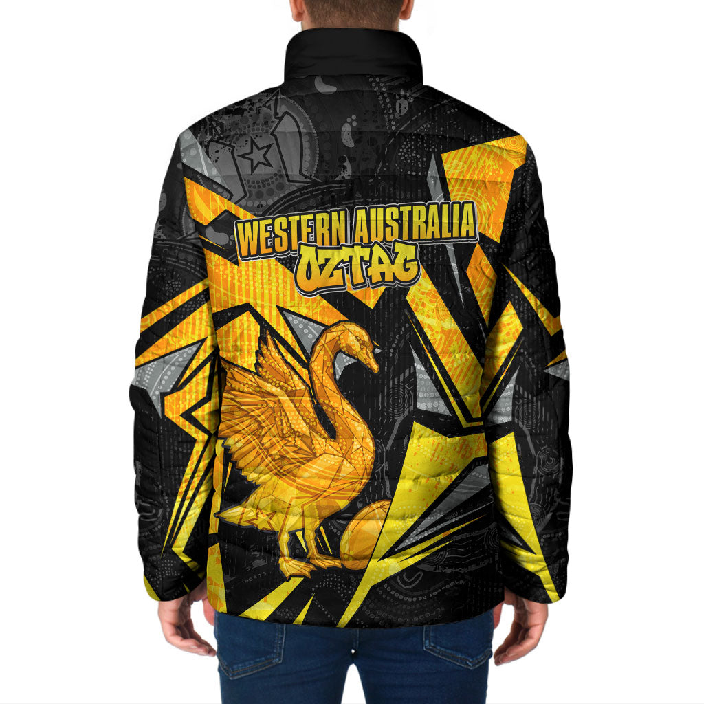 Personalised Western Australia Oztag Swan Padded Jacket Black Gold Geometric Swan Aboriginal