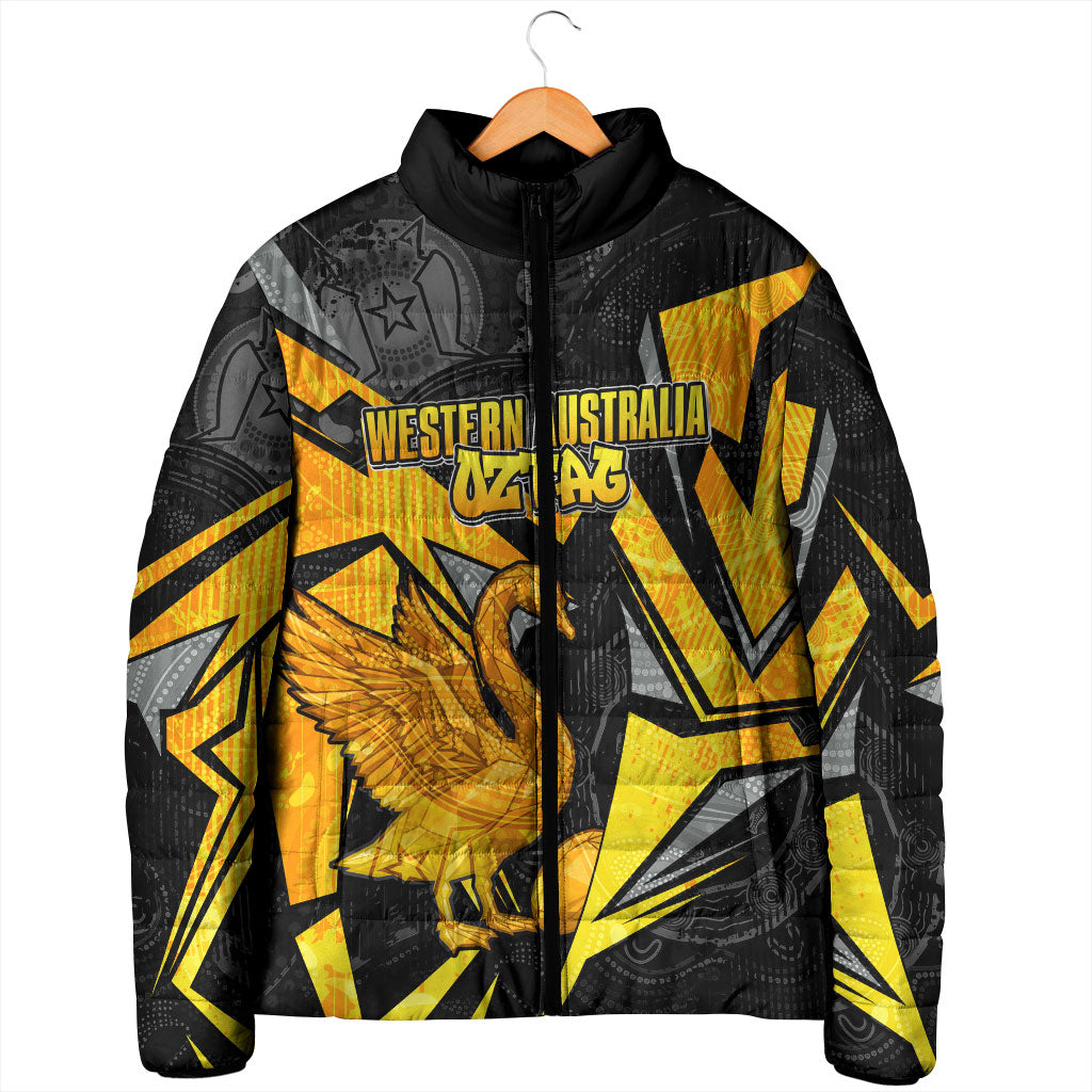 Personalised Western Australia Oztag Swan Padded Jacket Black Gold Geometric Swan Aboriginal
