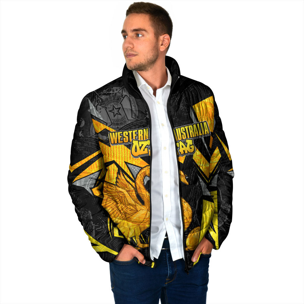 Personalised Western Australia Oztag Swan Padded Jacket Black Gold Geometric Swan Aboriginal