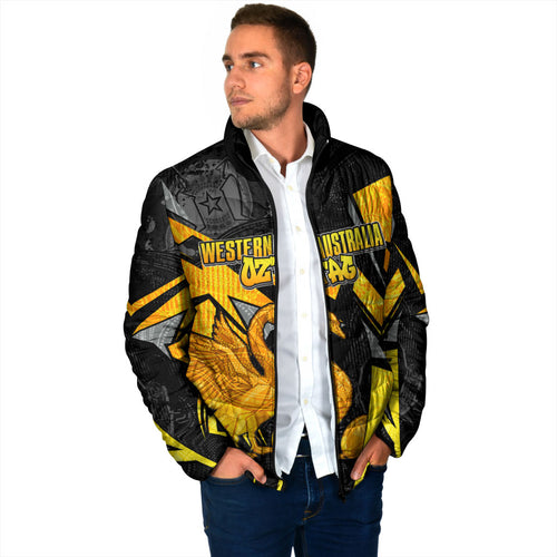 Personalised Western Australia Oztag Swan Padded Jacket Black Gold Geometric Swan Aboriginal