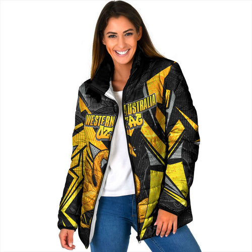 Personalised Western Australia Oztag Swan Padded Jacket Black Gold Geometric Swan Aboriginal
