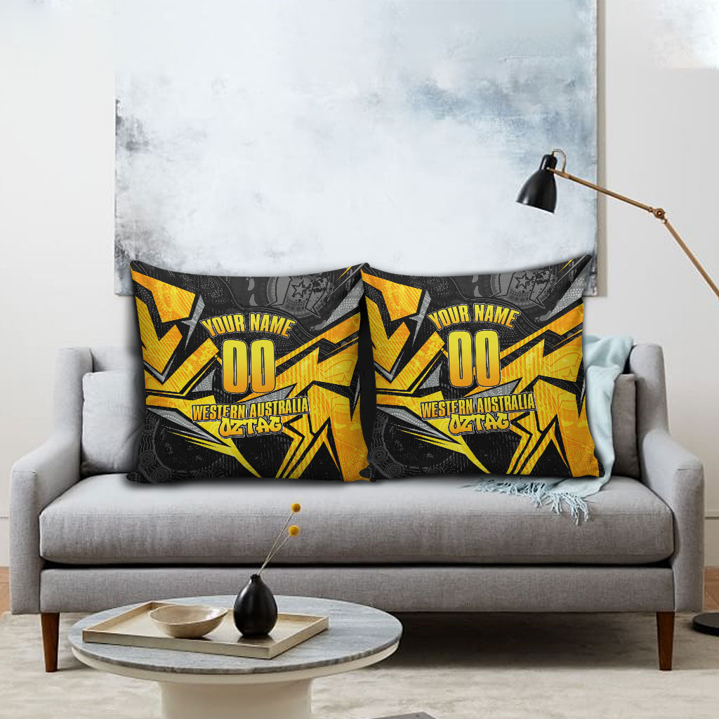 Personalised Western Australia Oztag Swan Pillow Cover Black Gold Geometric Swan Aboriginal