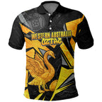 Personalised Western Australia Oztag Swan Polo Shirt Black Gold Geometric Swan Aboriginal