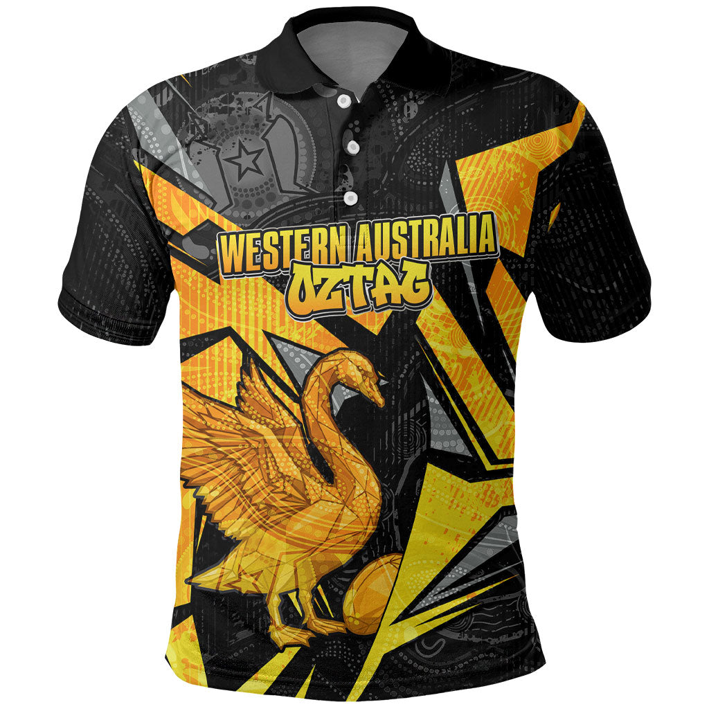 Personalised Western Australia Oztag Swan Polo Shirt Black Gold Geometric Swan Aboriginal