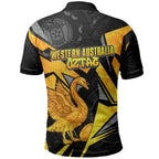 Personalised Western Australia Oztag Swan Polo Shirt Black Gold Geometric Swan Aboriginal