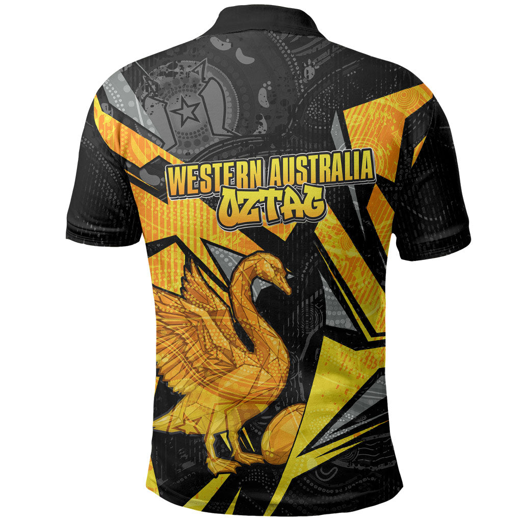 Personalised Western Australia Oztag Swan Polo Shirt Black Gold Geometric Swan Aboriginal