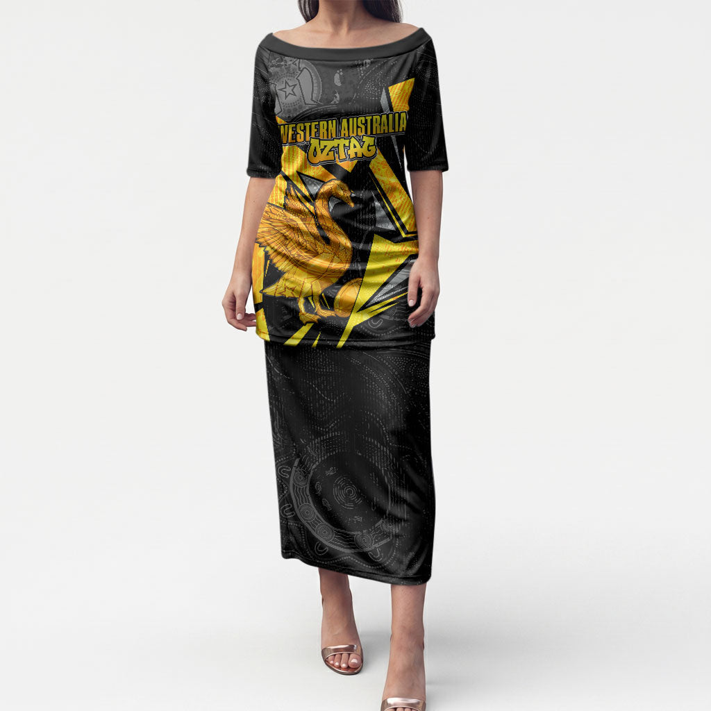 Personalised Western Australia Oztag Swan Puletasi Black Gold Geometric Swan Aboriginal
