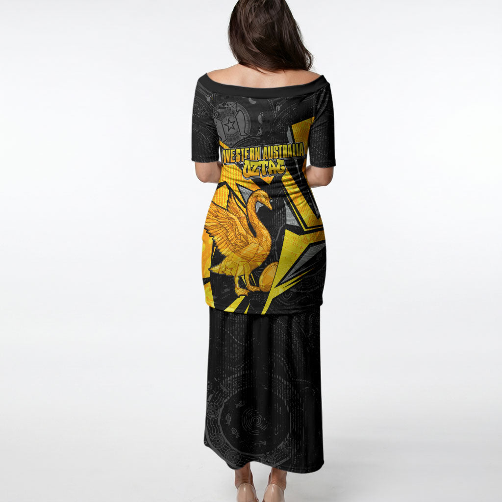 Personalised Western Australia Oztag Swan Puletasi Black Gold Geometric Swan Aboriginal