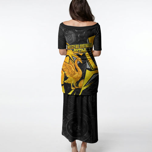 Personalised Western Australia Oztag Swan Puletasi Black Gold Geometric Swan Aboriginal